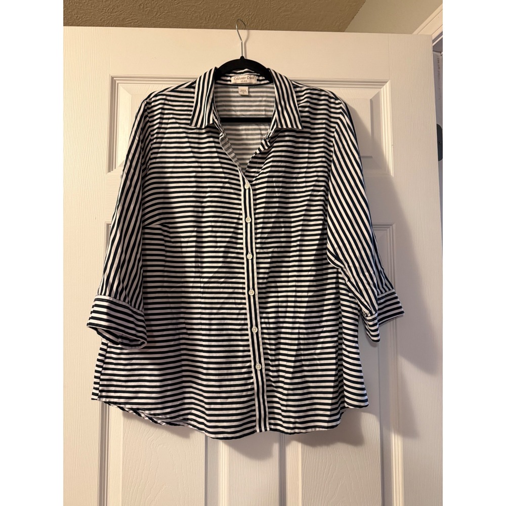 Coldwater Creek No Iron Navy White Striped 3/4 Sleeve Button Down Shirt 1X